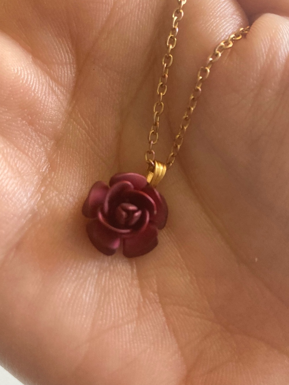 Gold tone Chain Necklace with Burgundy red Rose Pendant preloved Jewelry